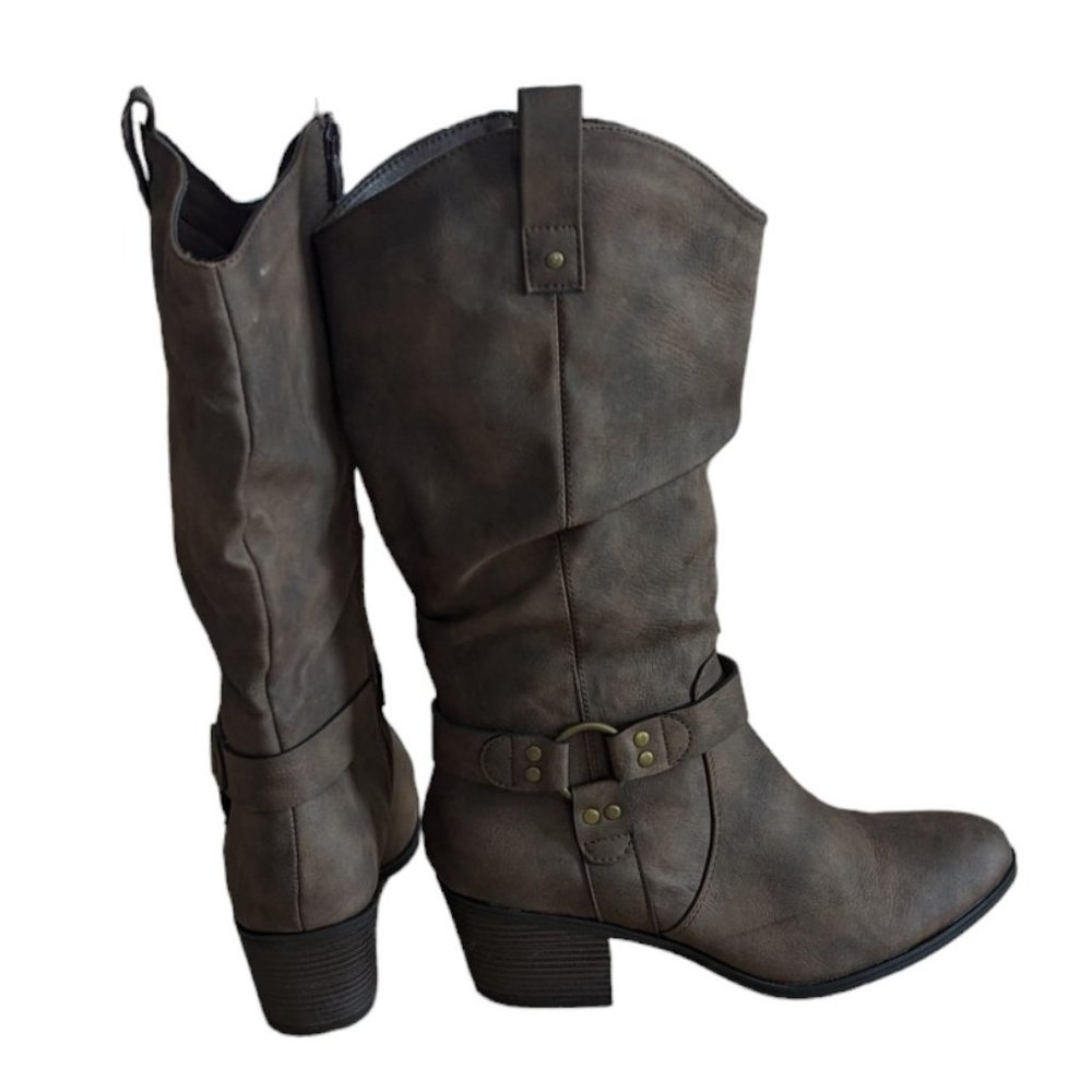 Women's Global Win vegan leather harness cowboy boots, brown, size 10M